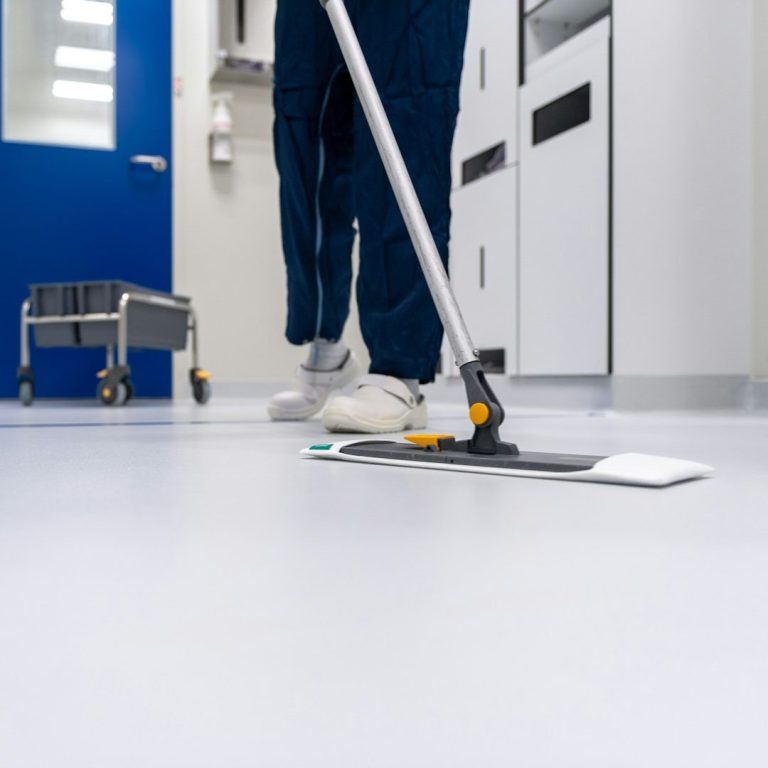 Professionelle Unterhaltsreinigung für Gewerbe und Büros in Ingolstadt Mitarbeiter bei der Unterhaltsreinigung eines Gewerbegebäudes in Ingolstadt mit Mopp und Reinigungswagen